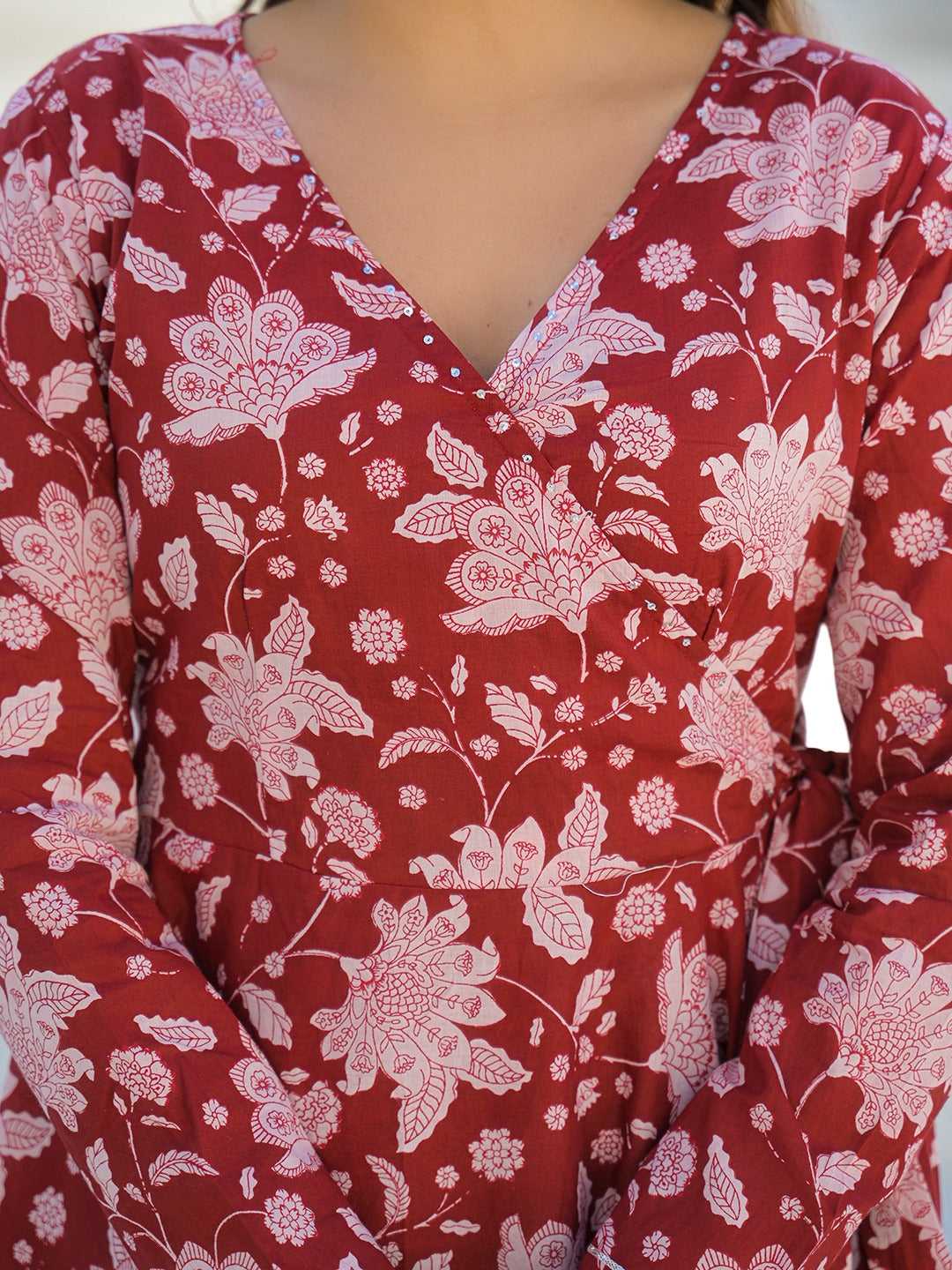 Tritiyaa Red Printed Cotton Anarkali Kurta with Trousers | Angrakha Style Kurta Set