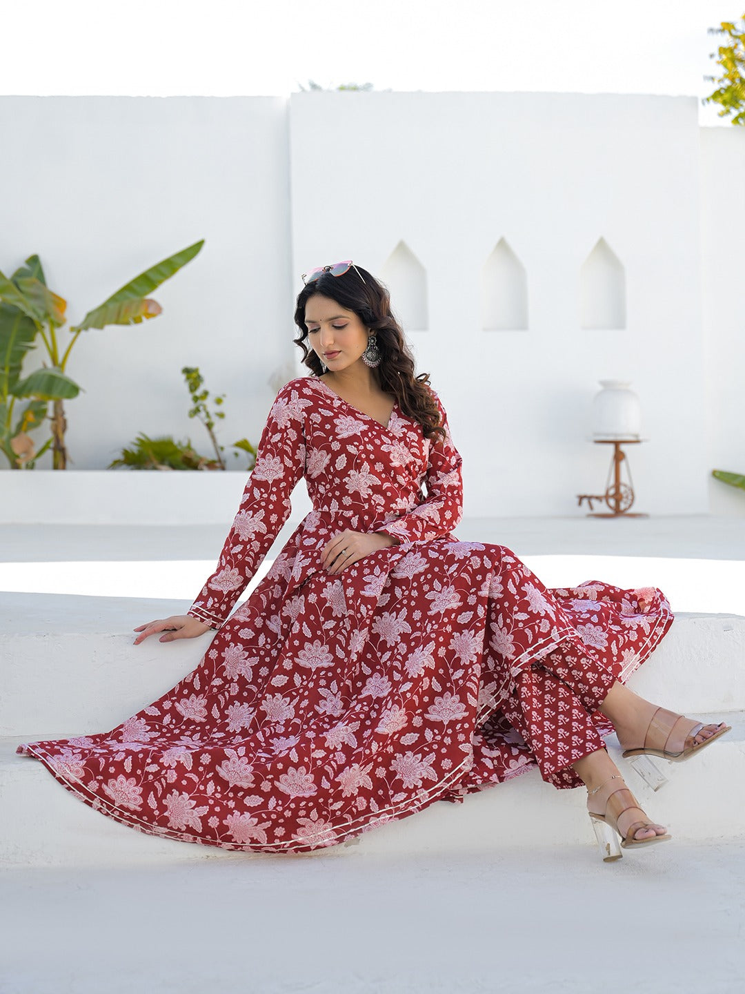 Tritiyaa Red Printed Cotton Anarkali Kurta with Trousers | Angrakha Style Kurta Set