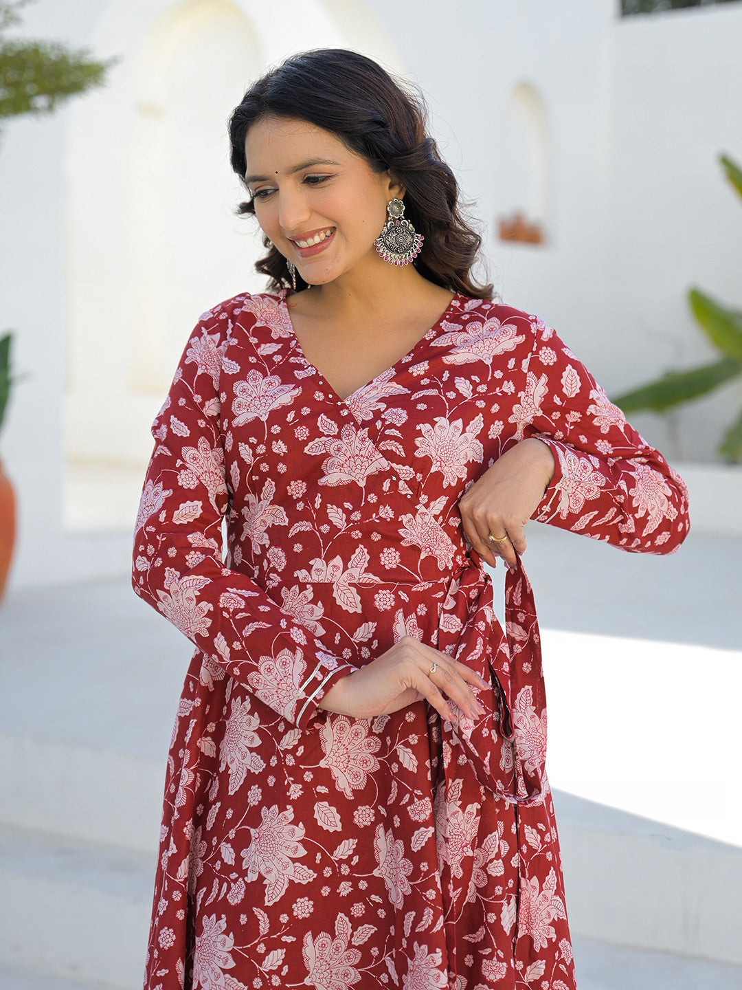 Tritiyaa Red Printed Cotton Anarkali Kurta with Trousers | Angrakha Style Kurta Set