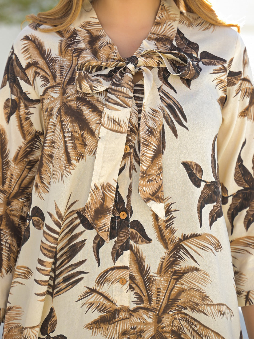 Tritiyaa Cream Tie-Up Neck Rayon Dress | Tropical Print Everyday Dress