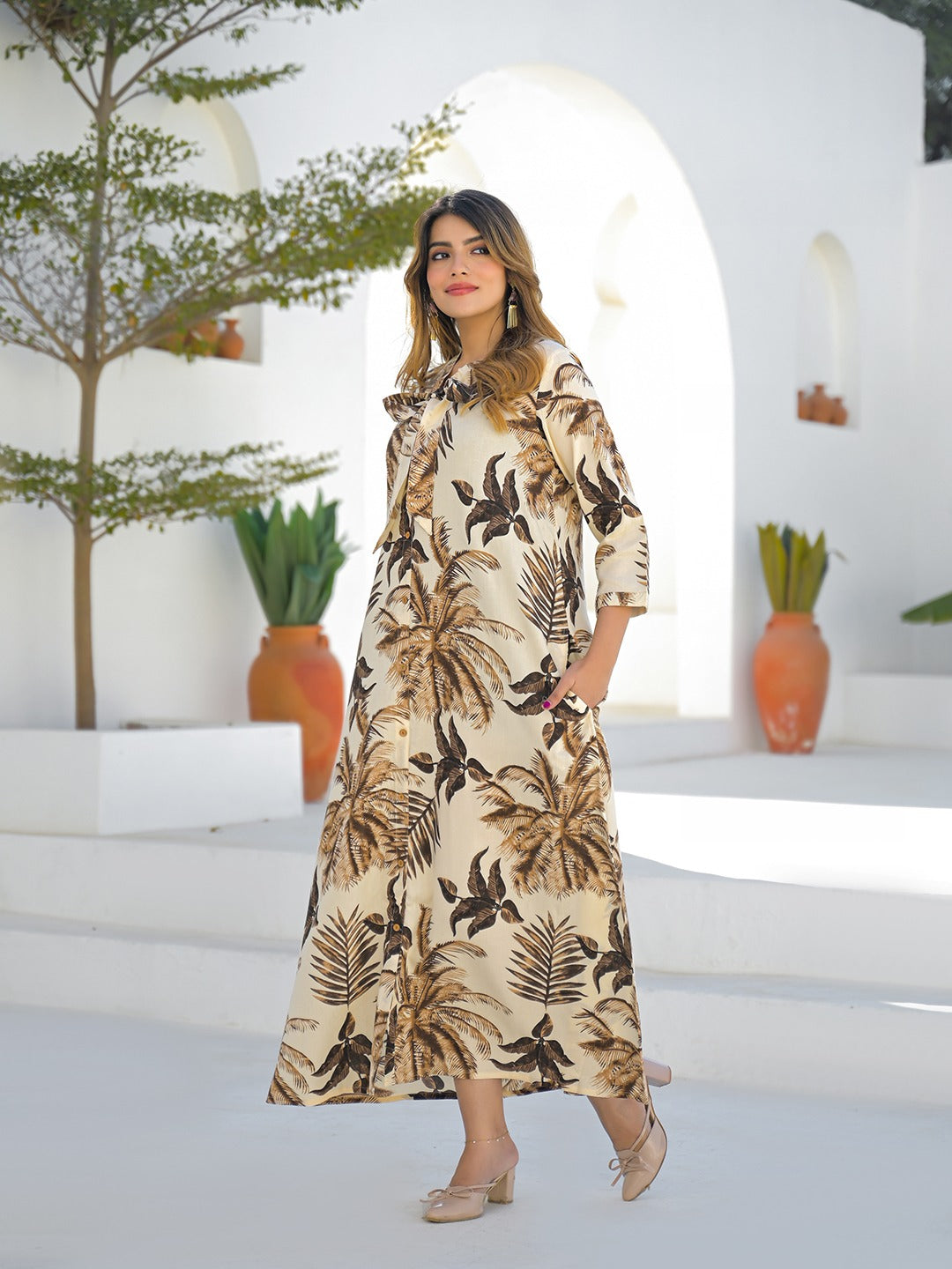 Tritiyaa Cream Tie-Up Neck Rayon Dress | Tropical Print Everyday Dress