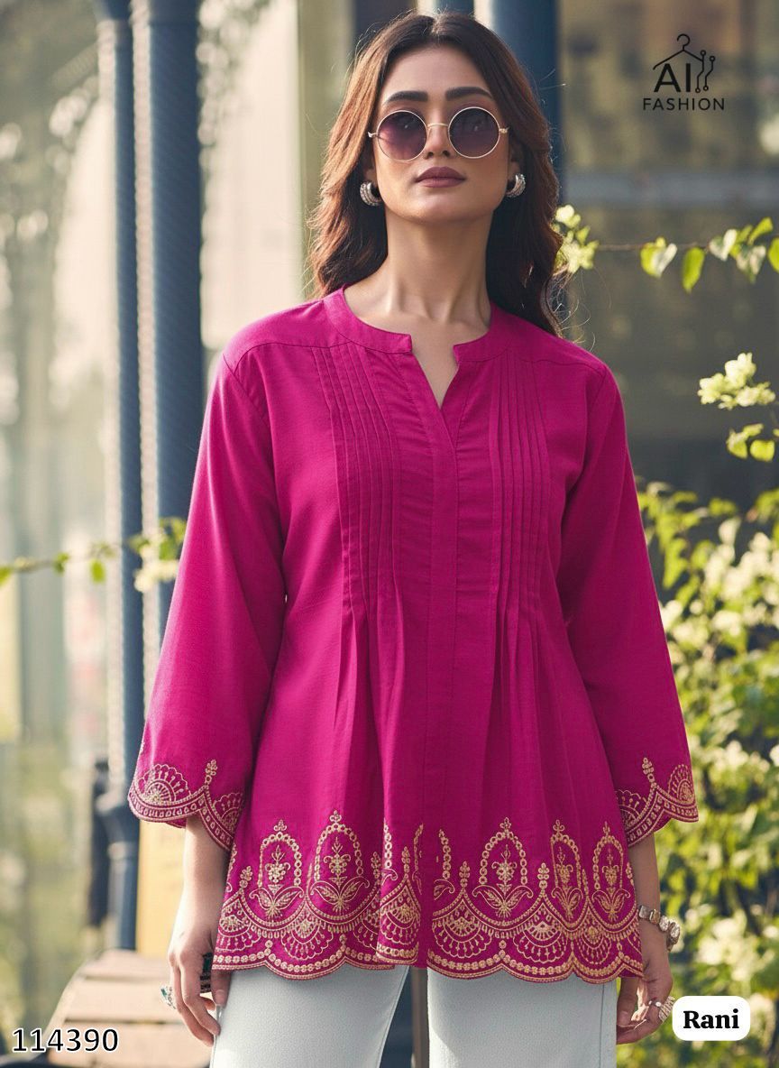 Tritiyaa Heavy Rayon Short Kurti | Pleated Embroidery Cut Work Design