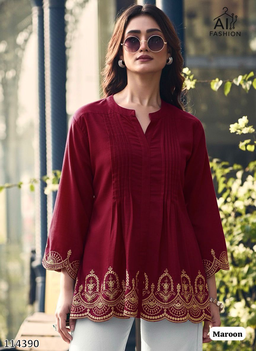 Tritiyaa Heavy Rayon Short Kurti | Pleated Embroidery Cut Work Design