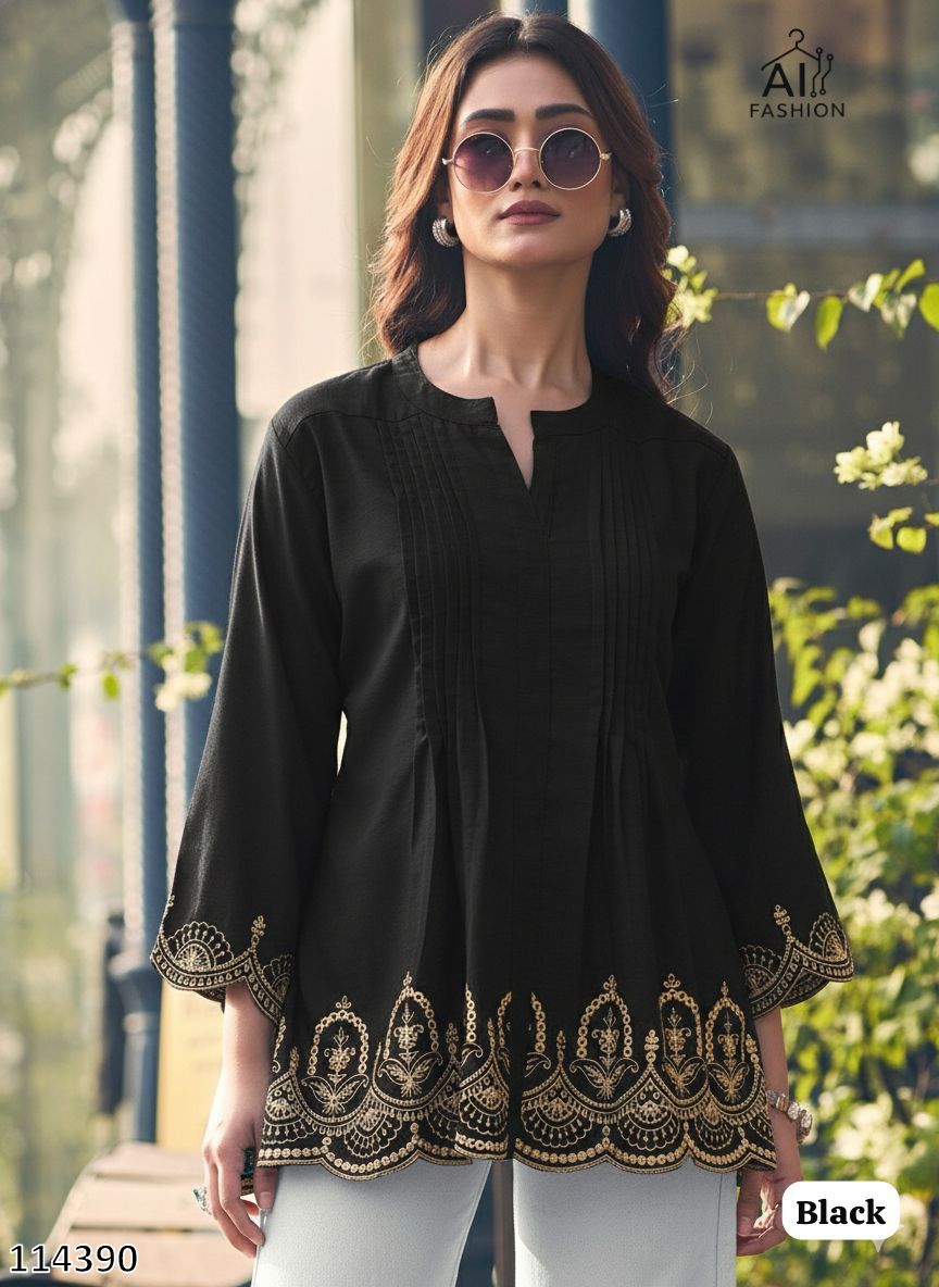 Tritiyaa Heavy Rayon Short Kurti | Pleated Embroidery Cut Work Design