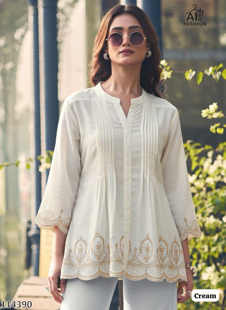 Tritiyaa Heavy Rayon Short Kurti | Pleated Embroidery Cut Work Design