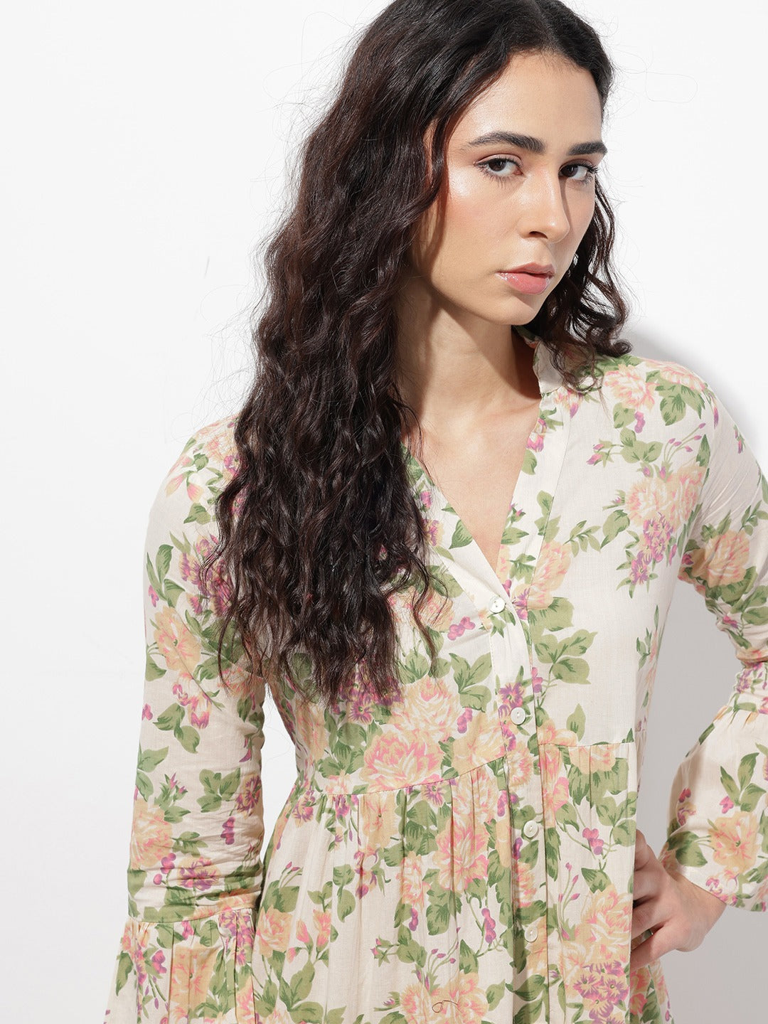 Tritiyaa Cream Mandarin Collar Floral Cotton Midi Dress | Fit & Flare