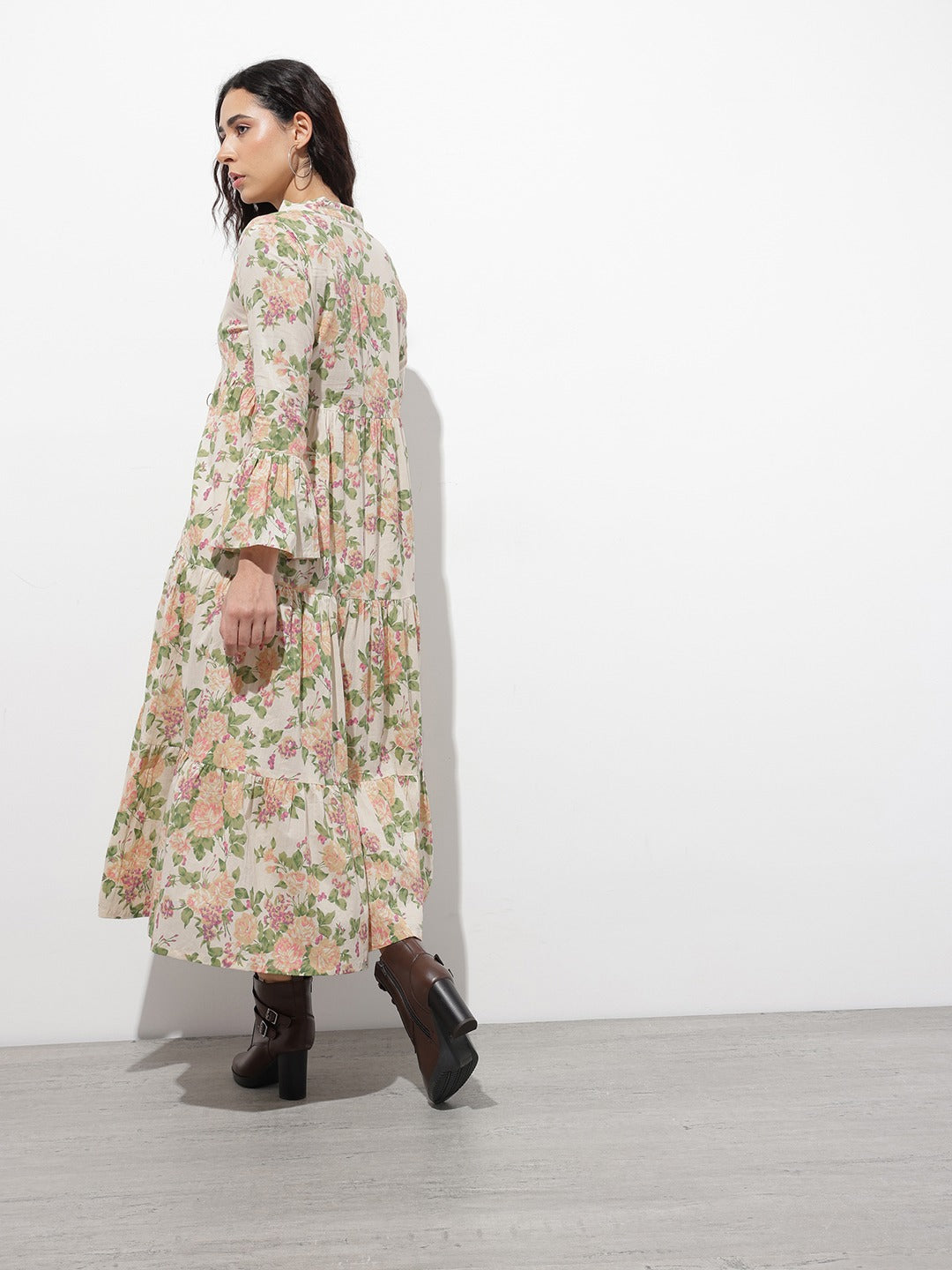 Tritiyaa Cream Mandarin Collar Floral Cotton Midi Dress | Fit & Flare