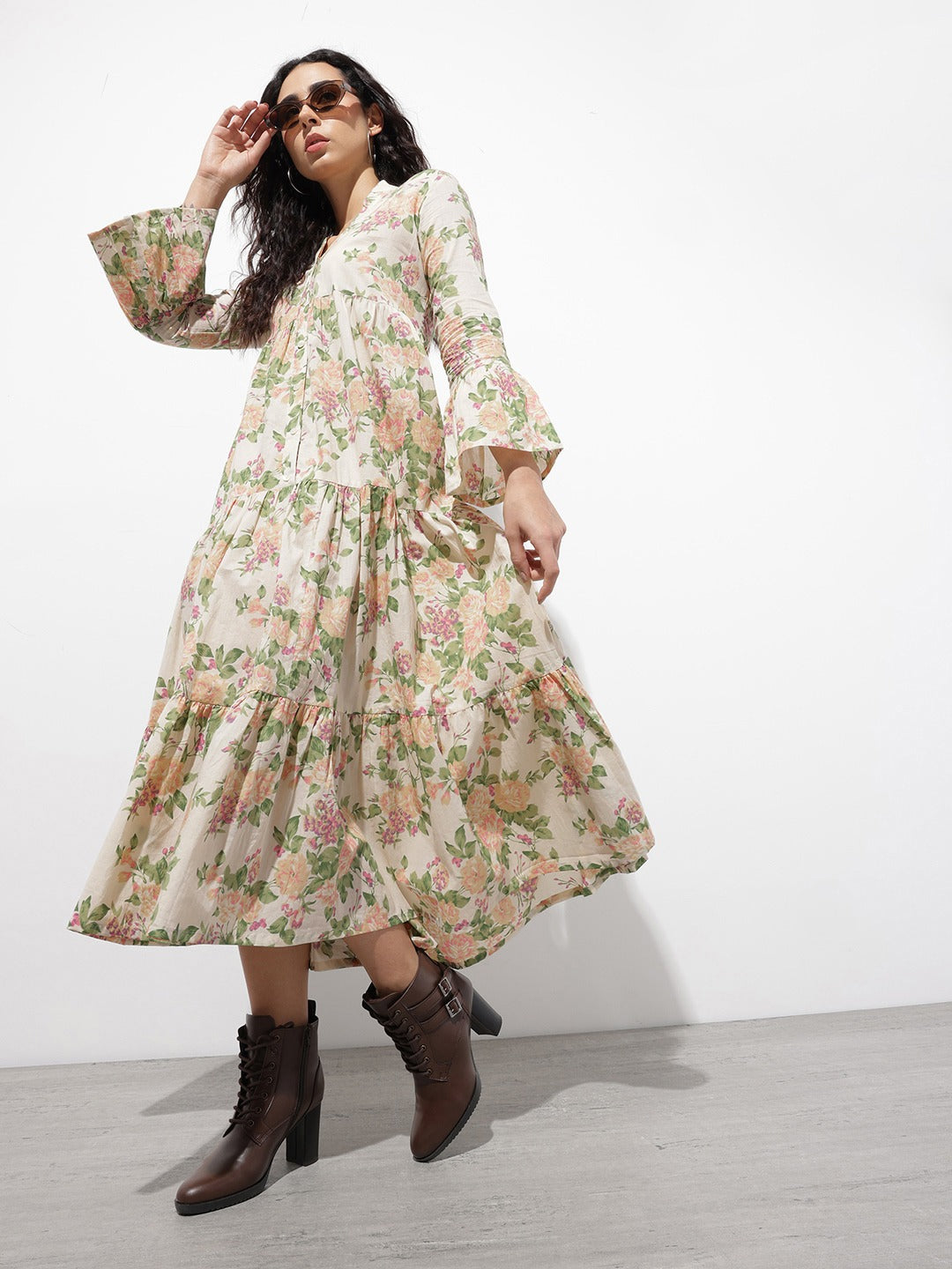 Tritiyaa Cream Mandarin Collar Floral Cotton Midi Dress | Fit & Flare
