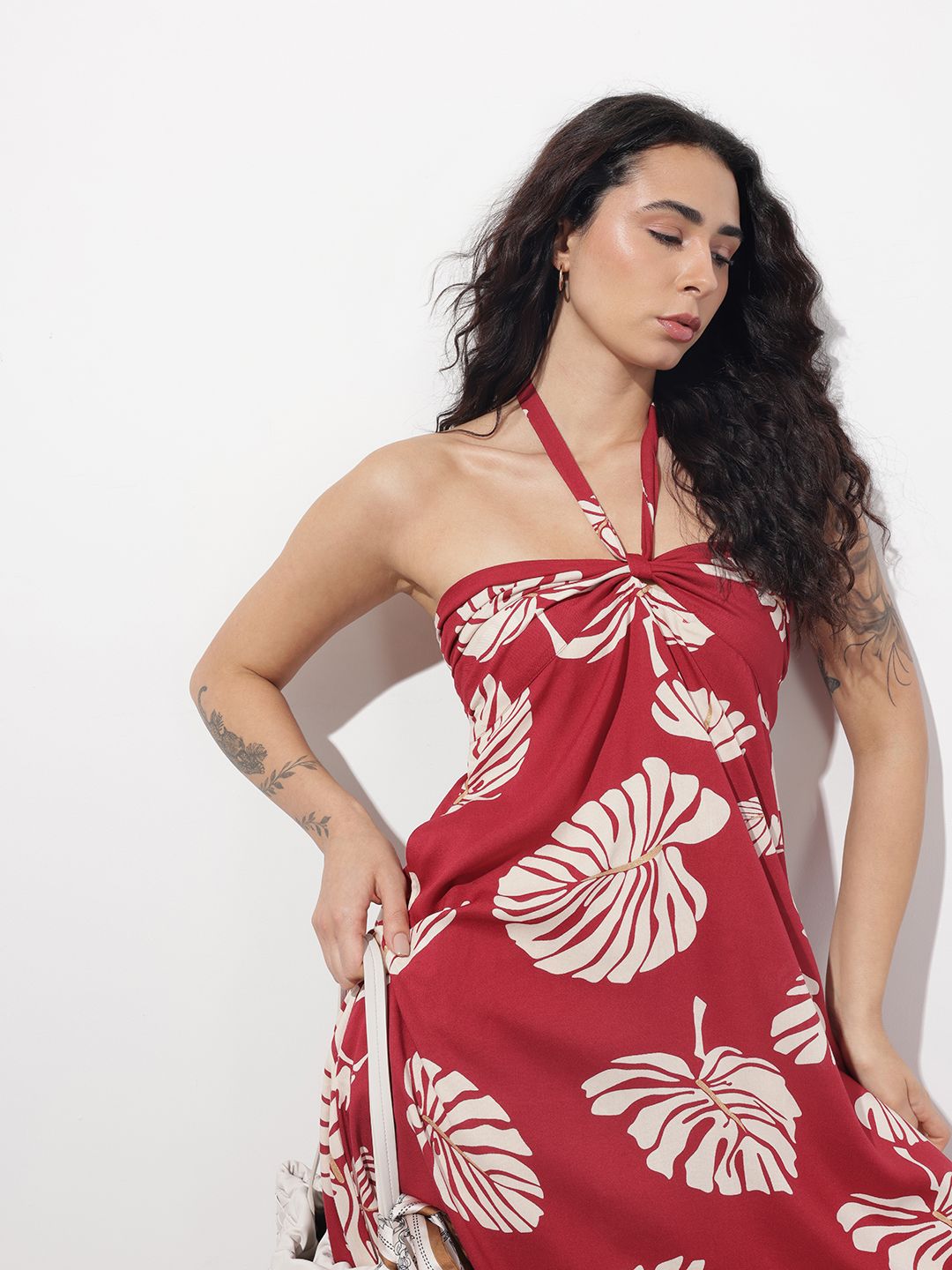 Tritiyaa Maroon Halter Neck Fit & Flare Rayon Dress | Twist-Knot Backless Style