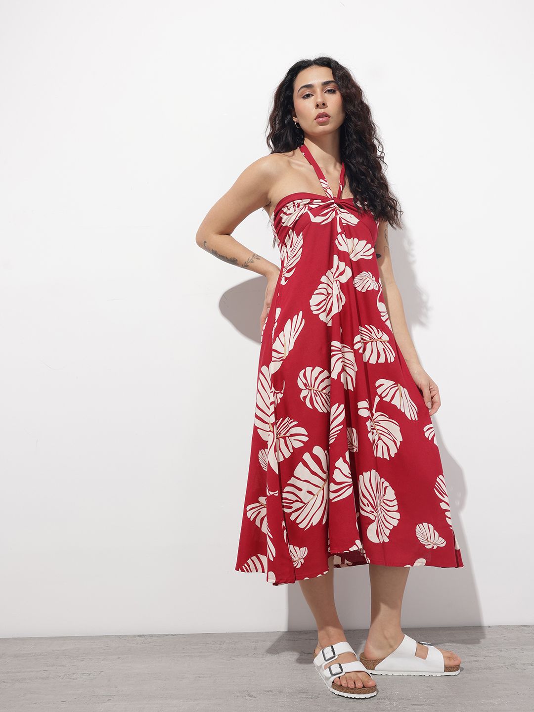 Tritiyaa Maroon Halter Neck Fit & Flare Rayon Dress | Twist-Knot Backless Style