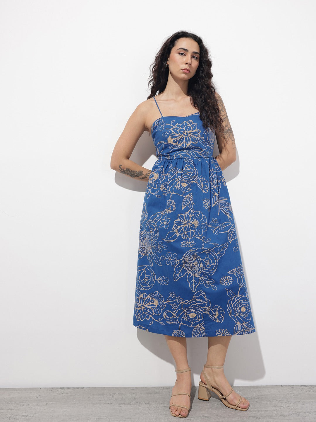 Tritiyaa Blue Floral Poplin Cotton Midi Dress | Shoulder Strap Summer Fit & Flare