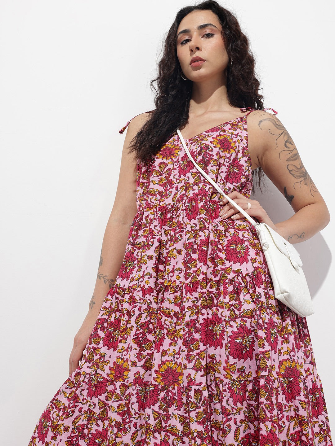 Tritiyaa Pink Floral Cotton Fit & Flare Dress | Shoulder Strap Summer Style