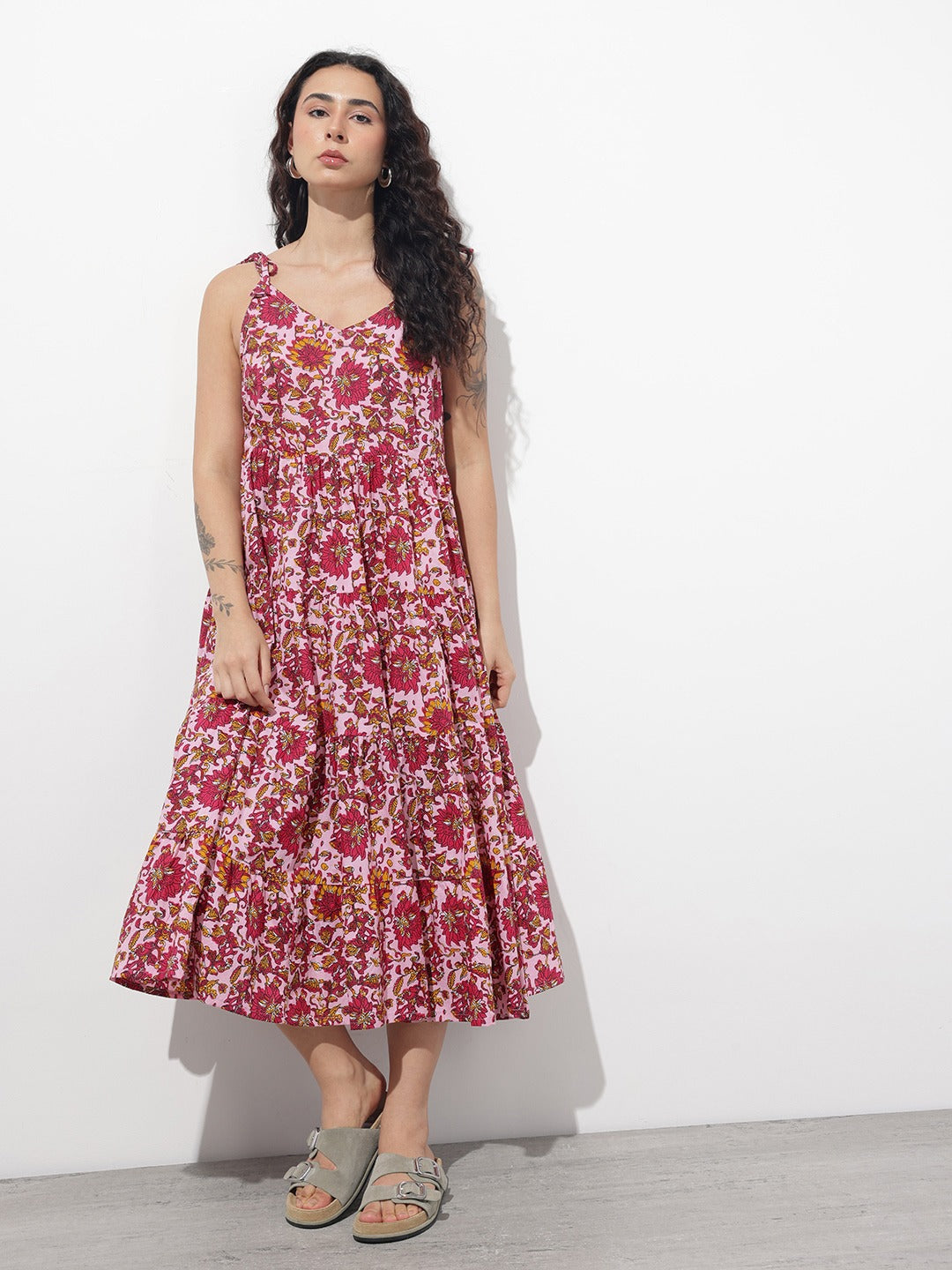 Tritiyaa Pink Floral Cotton Fit & Flare Dress | Shoulder Strap Summer Style