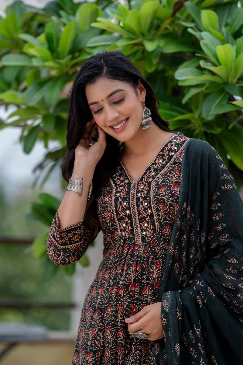 Tritiyaa Printed Cotton A-Line Kurta Pant Dupatta Set | Sequin Katha Work 3-Piece