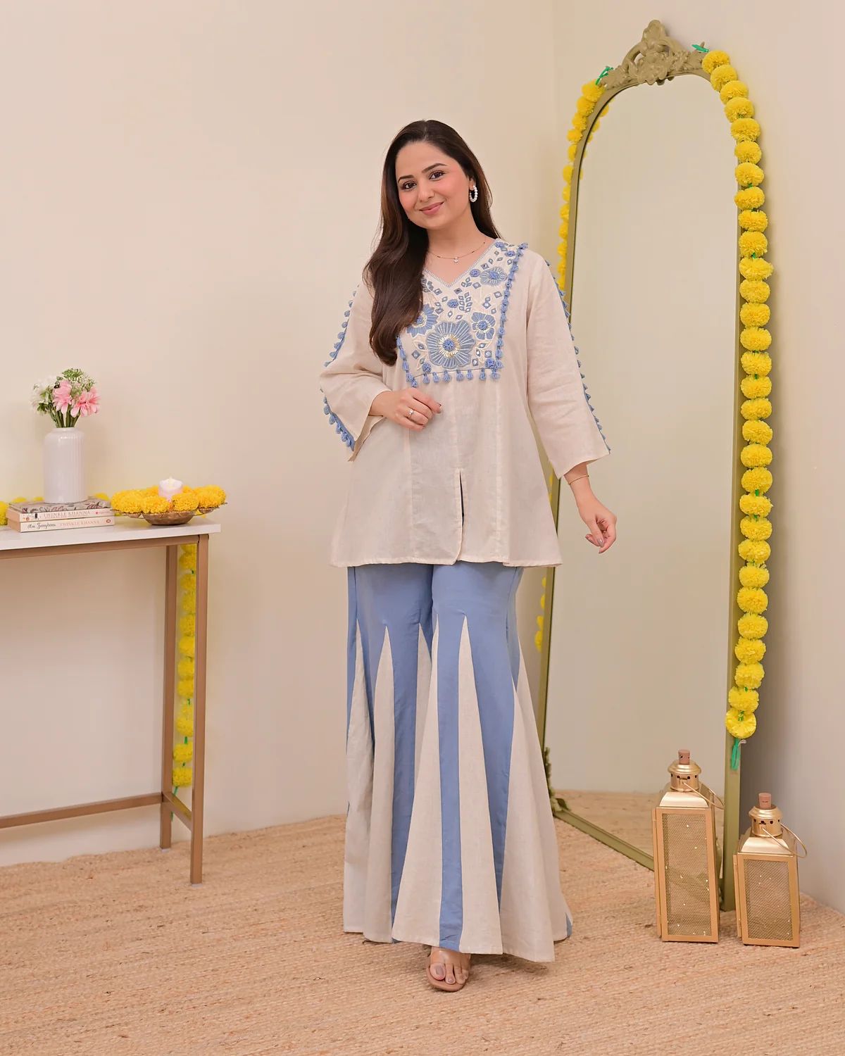 Tritiyaa Cotton Embroidered Top with Kali Pants Co-Ord Set | Designer Ethnic Wear