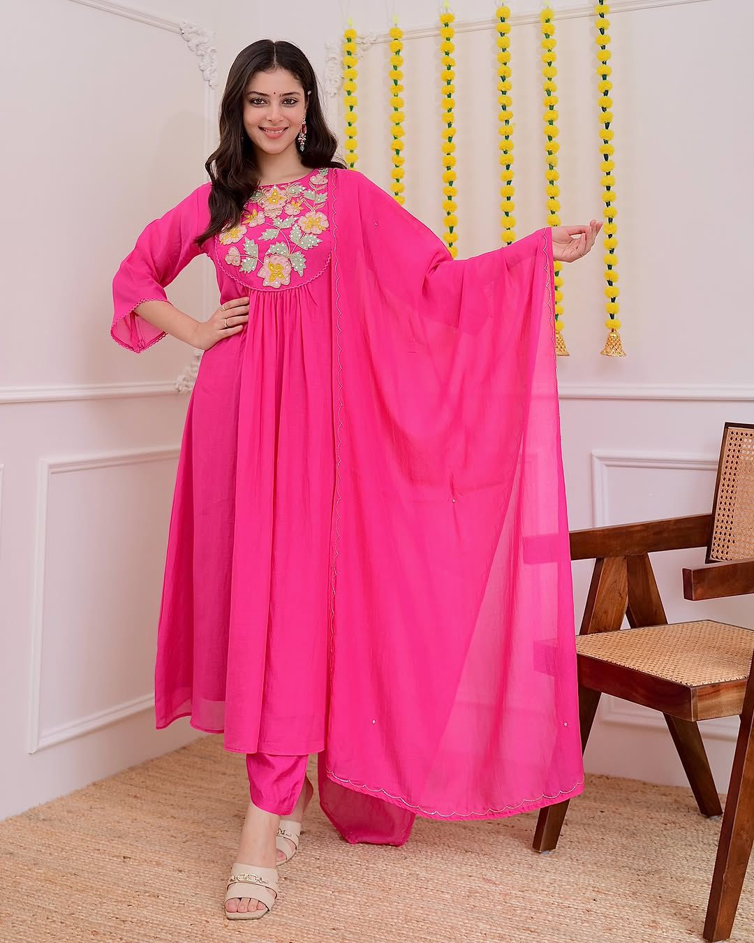 Tritiyaa Pink Heavy Embroidered Cotton Kurti Pant Dupatta Set | 3-Piece Showroom Collection