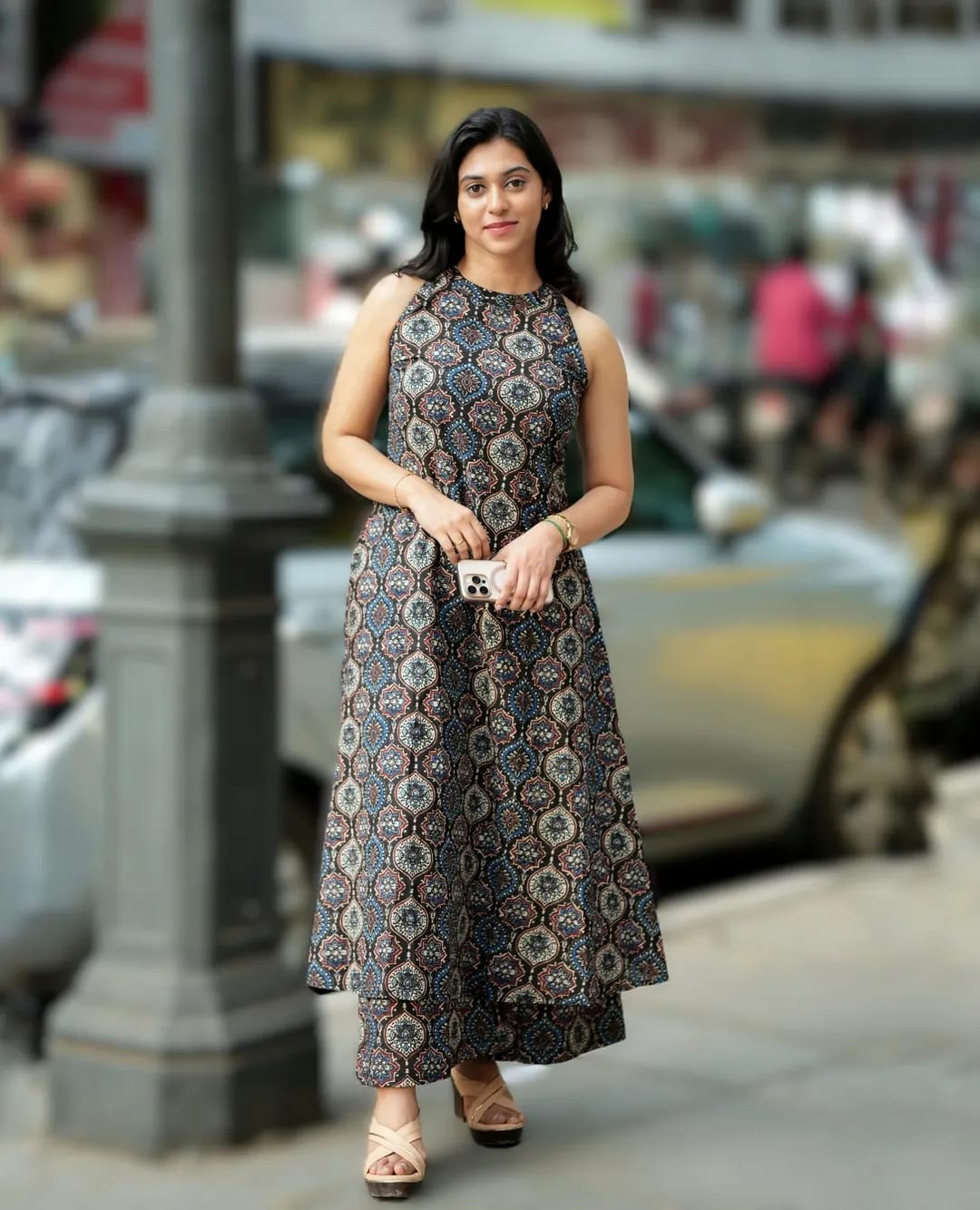 Tritiyaa Ajrakh Print Cotton A-Line Kurti with Palazzo | Halter Neck Co-Ord Set with Pockets