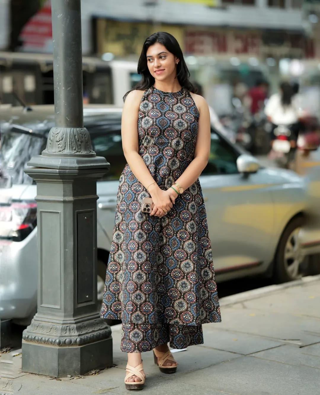 Tritiyaa Ajrakh Print Cotton A-Line Kurti with Palazzo | Halter Neck Co-Ord Set with Pockets