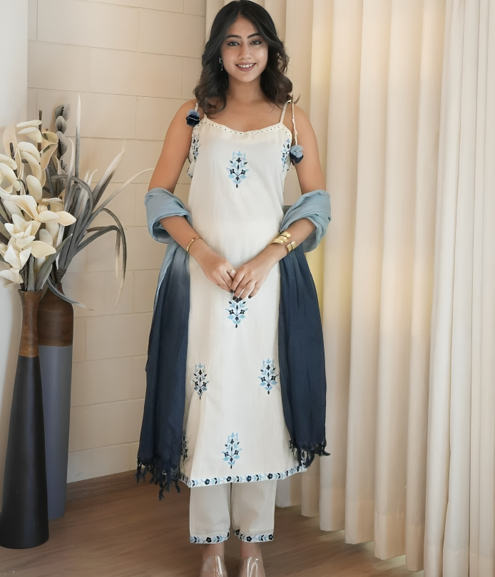 Tritiyaa Cotton Embroidered Kurti Pant Dupatta Set | 3-Piece Magic Kurta Set