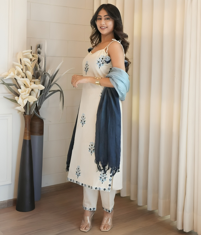 Tritiyaa Cotton Embroidered Kurti Pant Dupatta Set | 3-Piece Magic Kurta Set