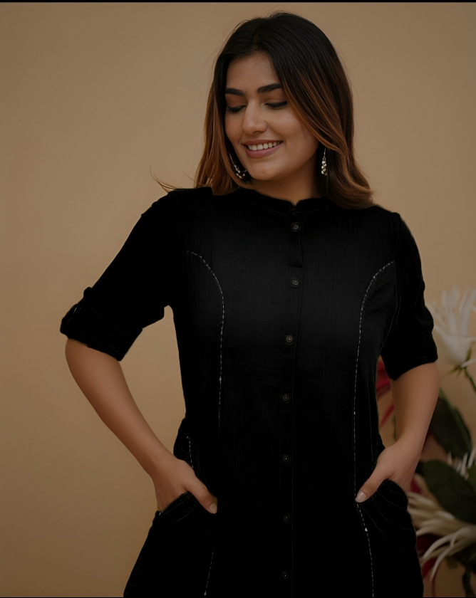 Tritiyaa Monochrome Cotton Slub Kurta Pant Set with Pockets | Office Wear Magic Set