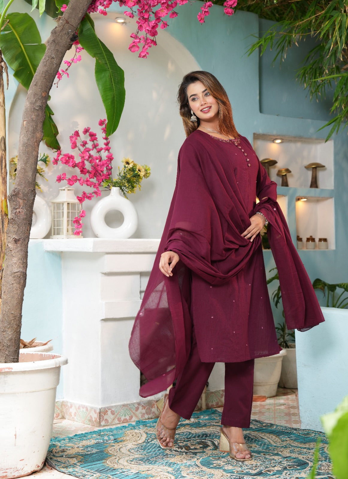 Tritiyaa Designer Cotton Flex Embroidered Kurti Pant Dupatta Set | Festive 3-Piece Set