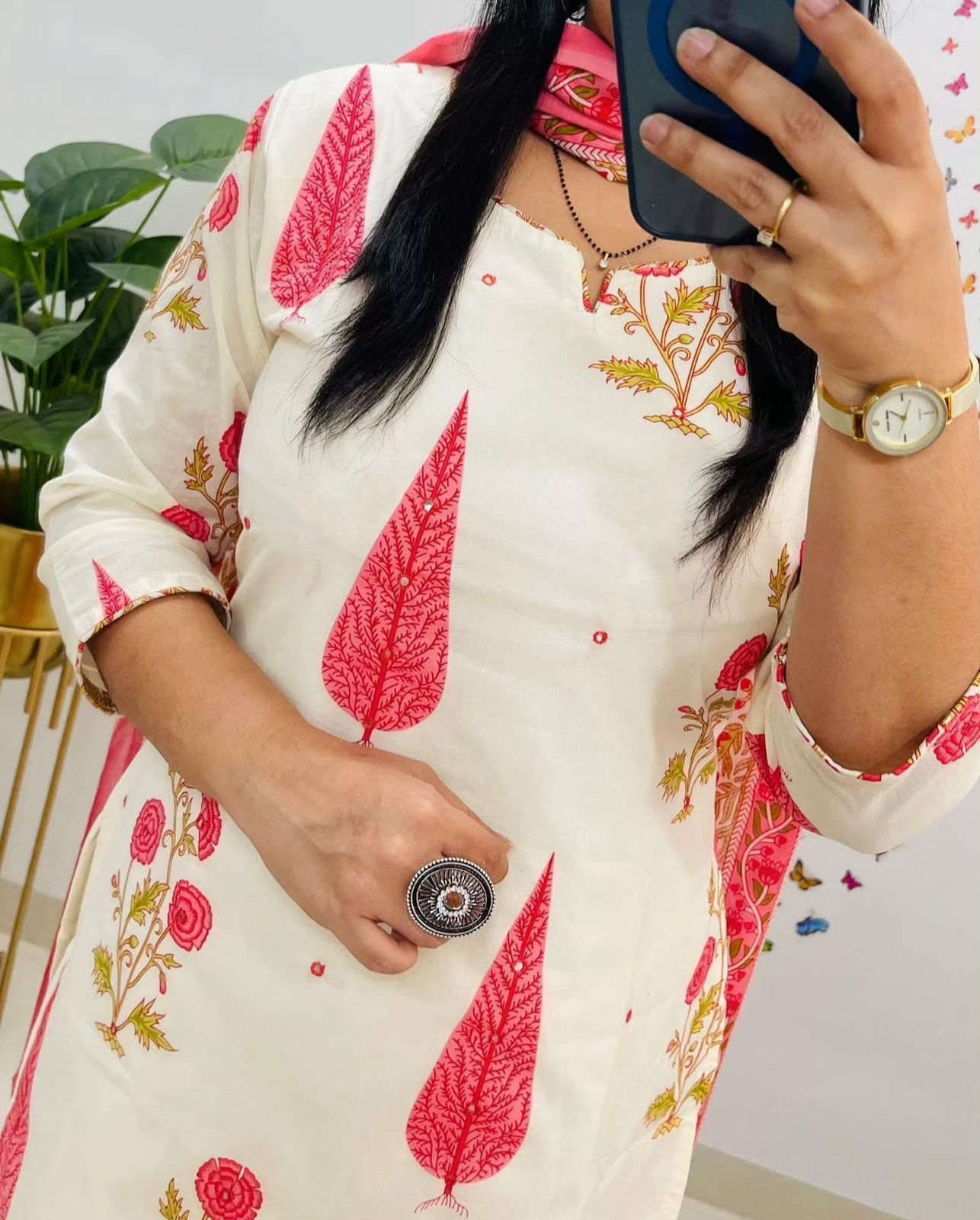 Tritiyaa Designer Jaipuri Floral Cotton Kurti Pant Dupatta Set | Mughal Kalamkari Fusion Suit