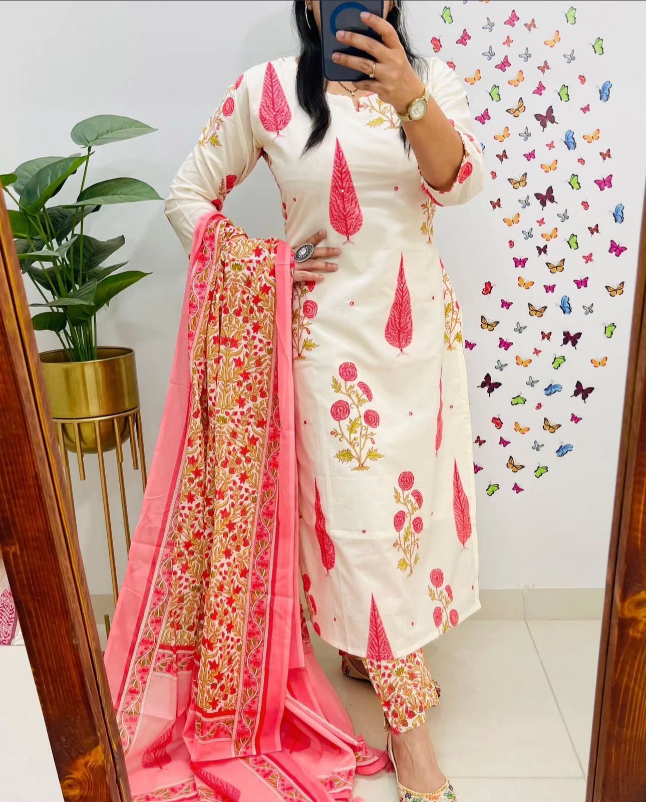 Tritiyaa Designer Jaipuri Floral Cotton Kurti Pant Dupatta Set | Mughal Kalamkari Fusion Suit