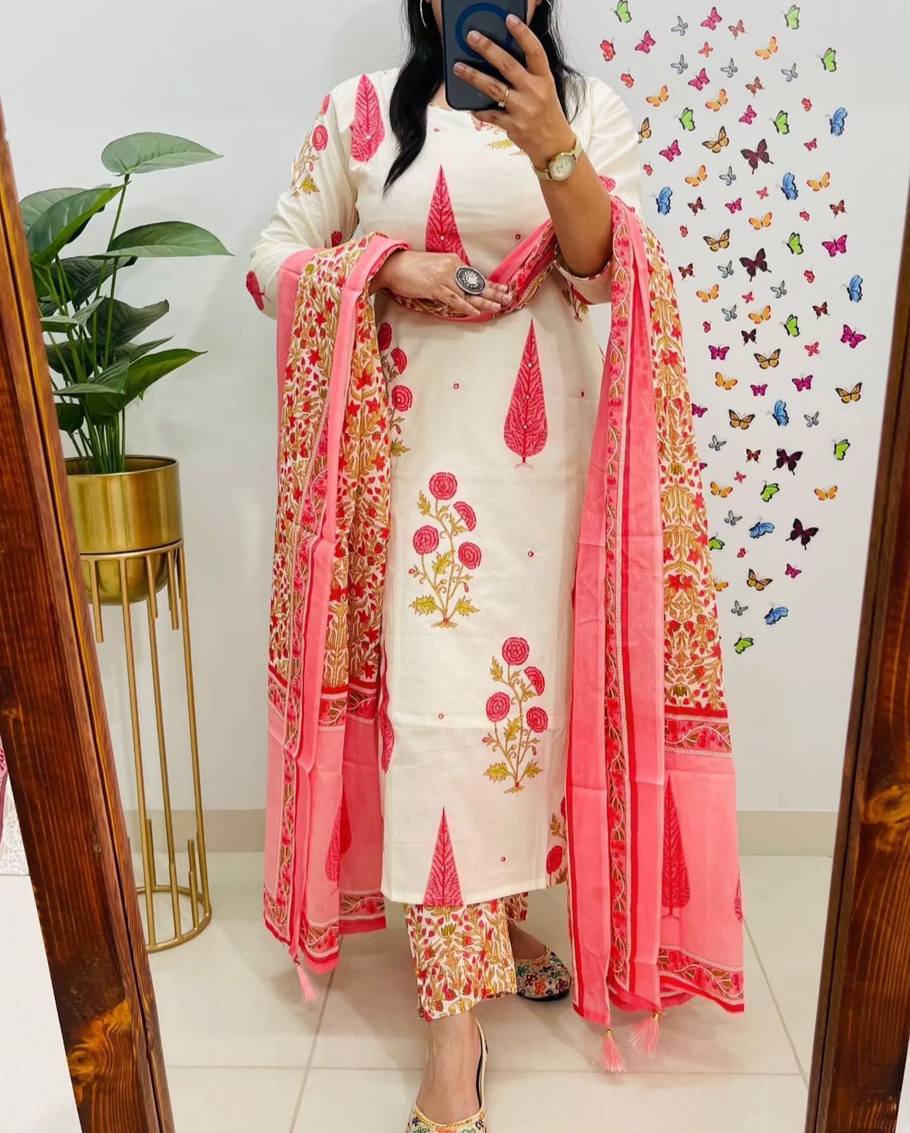 Tritiyaa Designer Jaipuri Floral Cotton Kurti Pant Dupatta Set | Mughal Kalamkari Fusion Suit