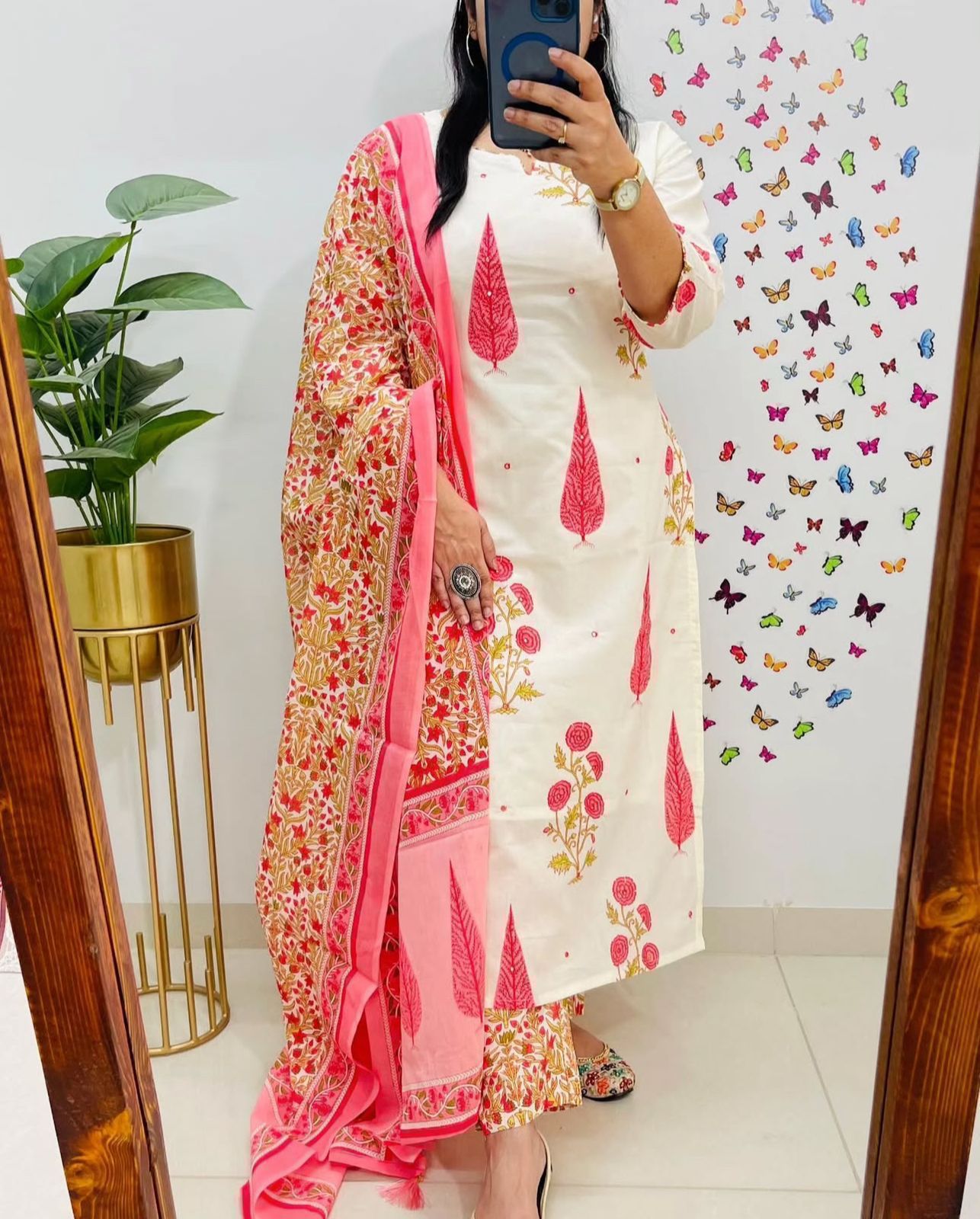 Tritiyaa Designer Jaipuri Floral Cotton Kurti Pant Dupatta Set | Mughal Kalamkari Fusion Suit