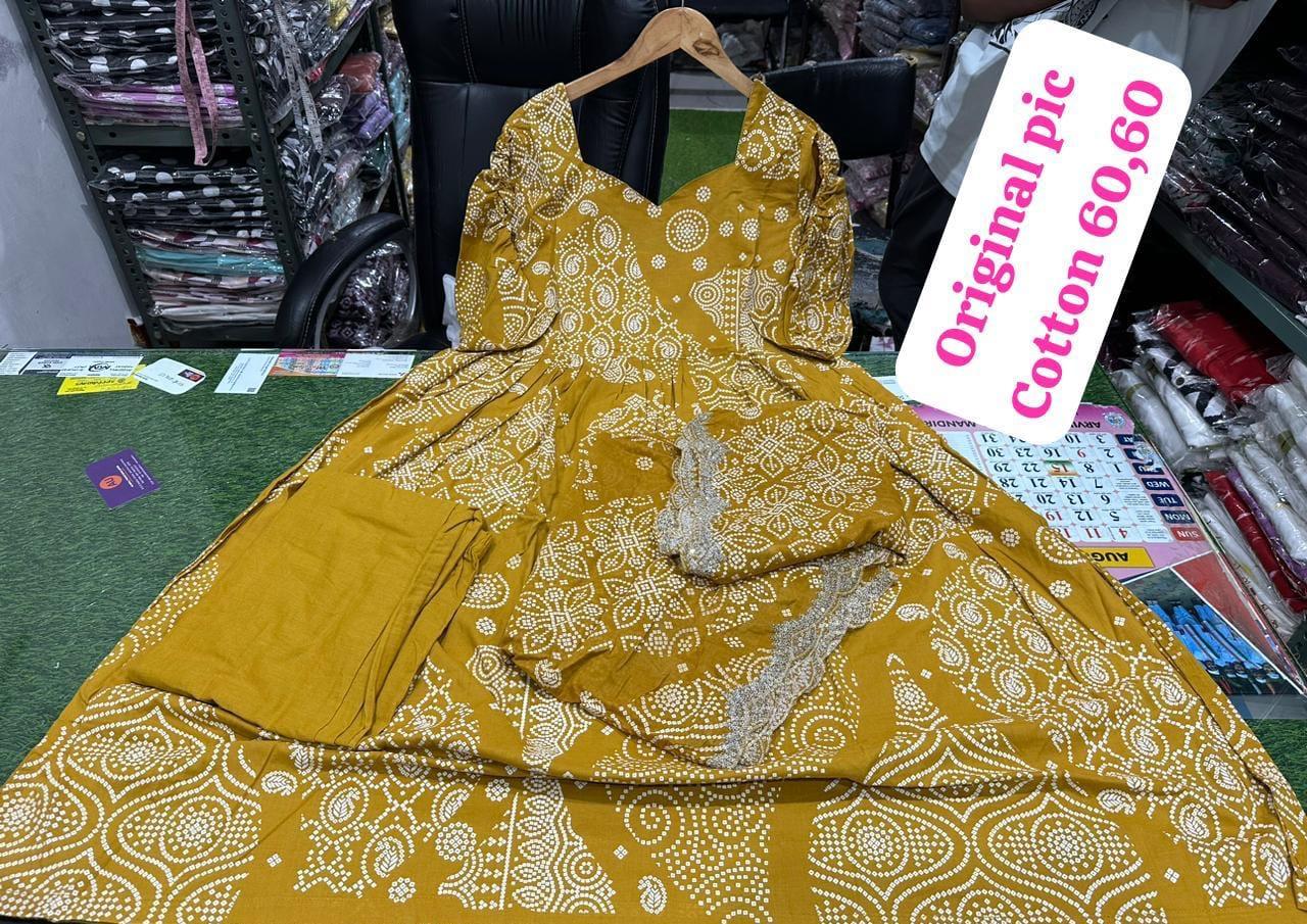 Tritiyaa Cotton Bandhani Anarkali Kurti Pant Dupatta Set | Embroidered Festive Wear