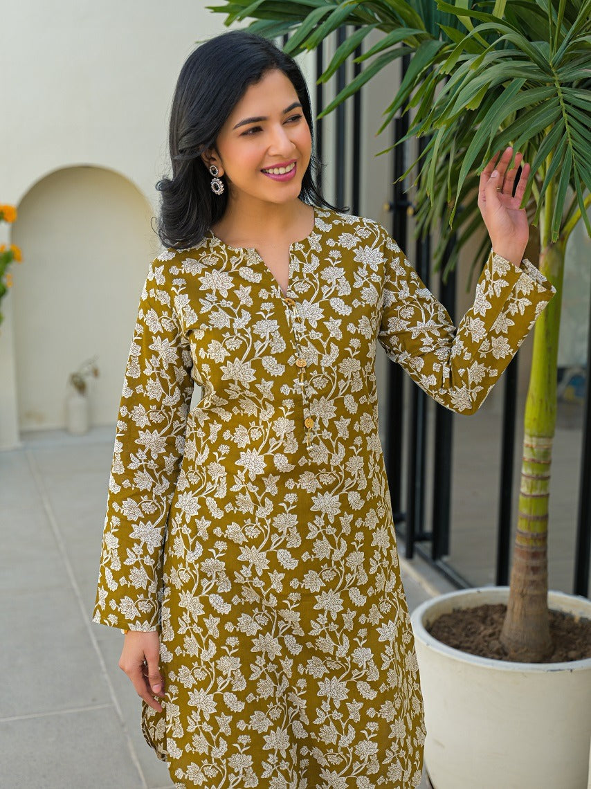 Tritiyaa Olive Green Pure Cotton Kurta Afghani Co-Ord Set | Button Detail Ethnic Set