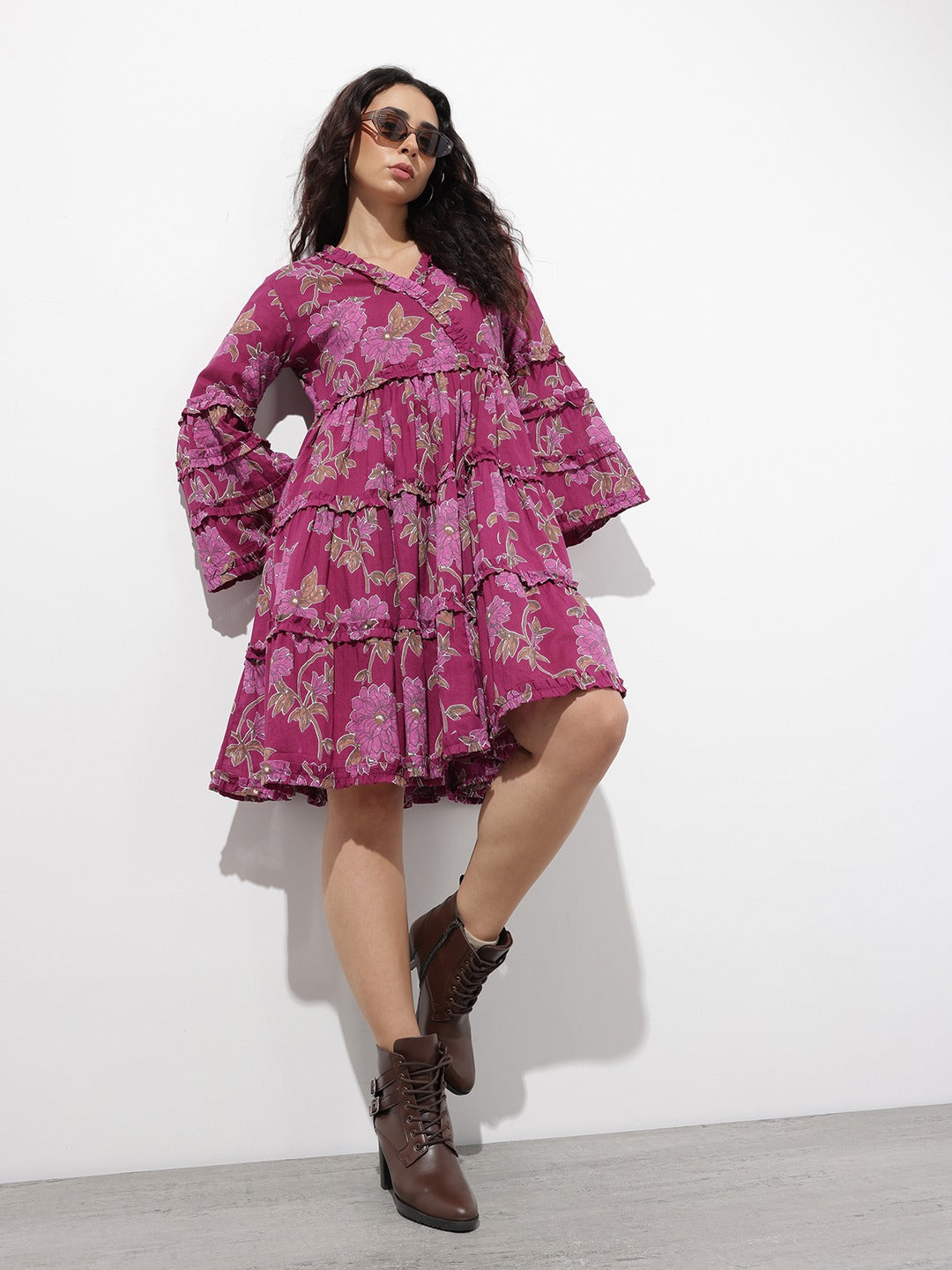 Tritiyaa Purple Floral Cotton Midi Dress | V-Neck Fit & Flare