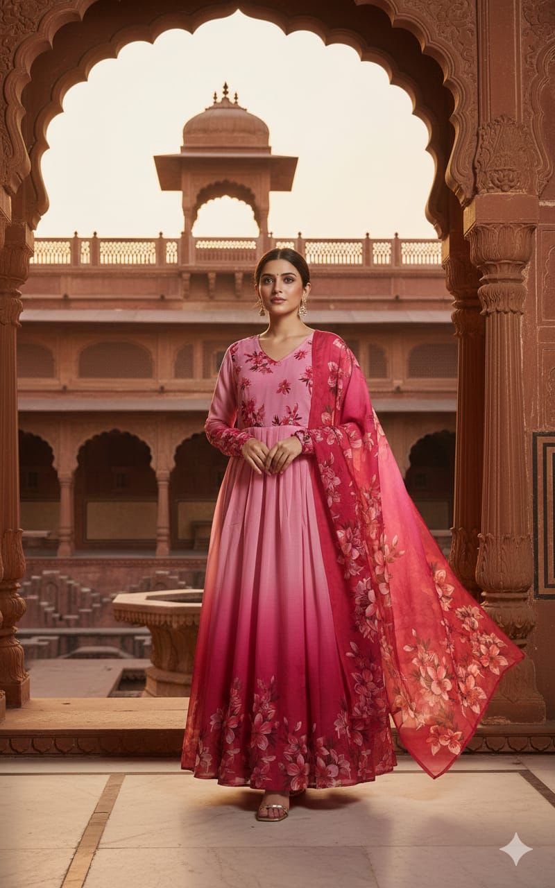 Tritiyaa Chiffon Digital Print Ghera Kurti Pant Dupatta Set | Elegant Floral 3-Piece