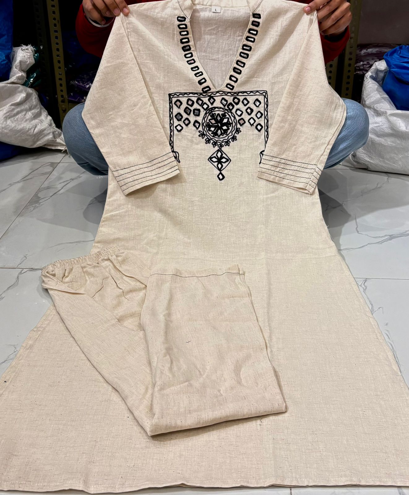 Tritiyaa Summer Cotton Flex Embroidered Kurti Pant Co-Ord Set | Aari Work Designer Wear