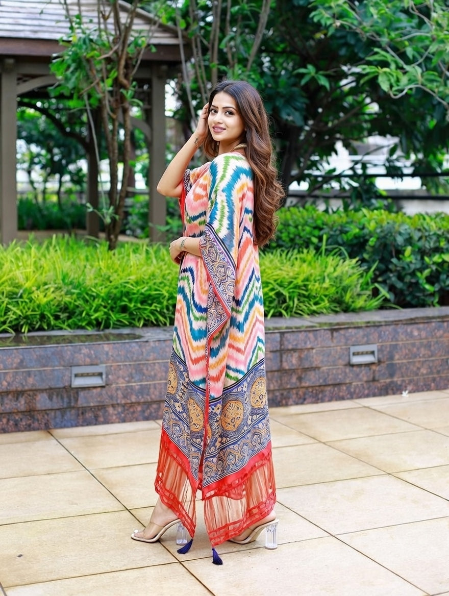 Tritiyaa Satin Printed Designer Kaftan | Fancy Latkan & Lace Work