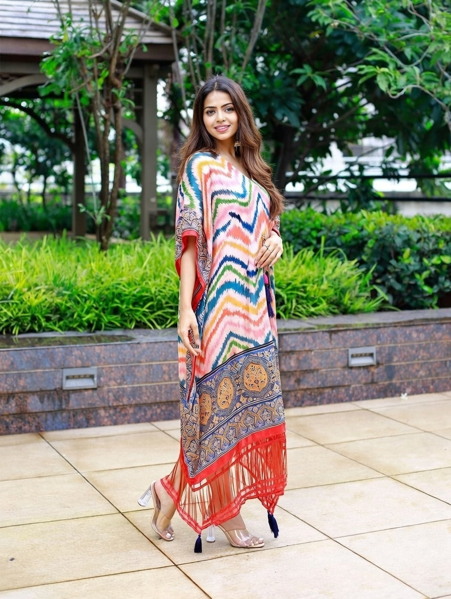 Tritiyaa Satin Printed Designer Kaftan | Fancy Latkan & Lace Work